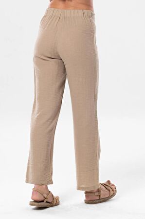 Sardunya Beli Lastikli Müslin Pantolon Vizon Vzn