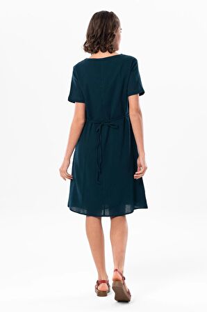 Kısa Kol Şile Bezi Kruvaze Yaka Nakışlı Tülin Midi Boy Yazlık Otantik Elbise Petrol Ptrl