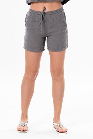 İnci Bağlamalı Yazlık Müslin Şort Gri Gri