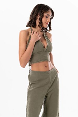 Göcek Bağlama Detaylı Yazlık Müslin Büstiyer Haki Hk