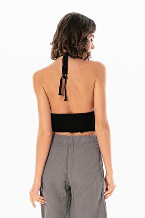 Göcek Bağlama Detaylı Yazlık Müslin Büstiyer Siyah Syh