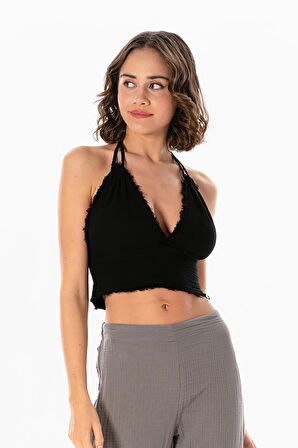 Göcek Bağlama Detaylı Yazlık Müslin Büstiyer Siyah Syh