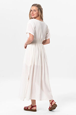 Kısa Kol Köy Bezi Yaka ve Bel Nakış Detaylı Karya Kısa Yazlık Elbise Krem Krm