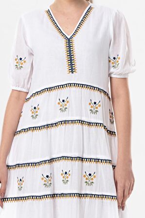 Kısa Kol Vual Nakışlı V Yaka Reyhan Uzun Yazlık Otantik Elbise Beyaz Byz