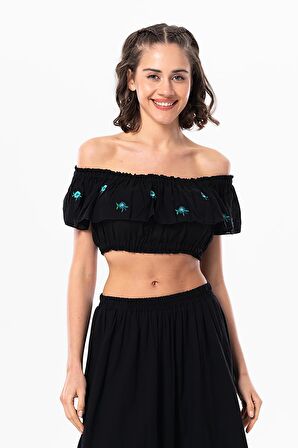 Lavinya Vual Lastik Detaylı Nakışlı Yazlık Crop Bluz Siyah Syh