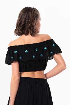 Lavinya Vual Lastik Detaylı Nakışlı Yazlık Crop Bluz Siyah Syh