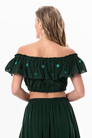 Lavinya Vual Lastik Detaylı Nakışlı Yazlık Crop Bluz Yeşil Ysl