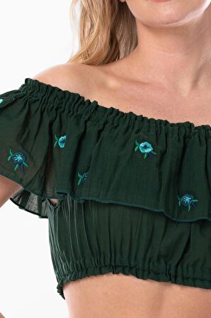 Lavinya Vual Lastik Detaylı Nakışlı Yazlık Crop Bluz Yeşil Ysl