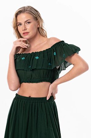 Lavinya Vual Lastik Detaylı Nakışlı Yazlık Crop Bluz Yeşil Ysl
