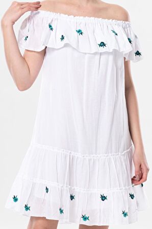 Kısa Kol Vual Lavinya Nakış Detaylı Kısa Yazlık Otantik Elbise Beyaz Byz