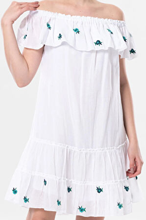 Kısa Kol Vual Lavinya Nakış Detaylı Kısa Yazlık Otantik Elbise Beyaz Byz