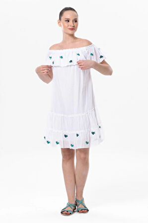 Kısa Kol Vual Lavinya Nakış Detaylı Kısa Yazlık Otantik Elbise Beyaz Byz