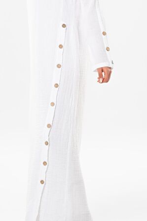 Uzun Kol İzel Uzun Yazlık Müslin Elbise Beyaz Byz