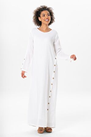 Uzun Kol İzel Uzun Yazlık Müslin Elbise Beyaz Byz