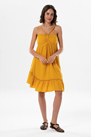 Alanya Boyundan Bağlamalı Kısa Yazlık Müslin Elbise Hardal Hrd