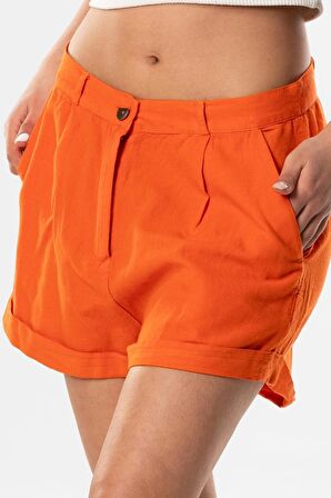 Fulya Keten Düğmeli Kısa Yazlık Şort Turuncu Trnc