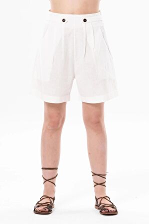 Bitez Keten Düğmeli Yazlık Şort Beyaz Byz