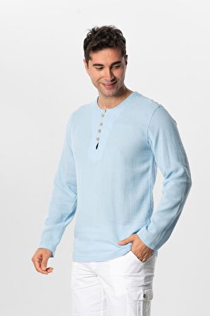 Halikarnas Uzun Kol Violet Düğme Detaylı Erkek Yazlık Tshirt Buz Mavi Bmv