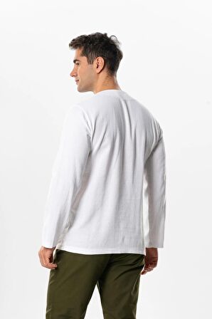 Halikarnas Uzun Kol Violet Düğme Detaylı Erkek Yazlık Tshirt Beyaz Byz