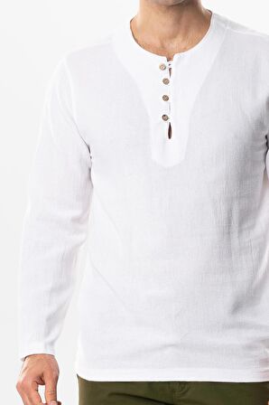 Halikarnas Uzun Kol Violet Düğme Detaylı Erkek Yazlık Tshirt Beyaz Byz