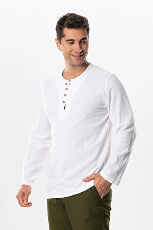 Halikarnas Uzun Kol Violet Düğme Detaylı Erkek Yazlık Tshirt Beyaz Byz