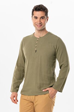 Halikarnas Uzun Kol Violet Düğme Detaylı Erkek Yazlık Tshirt Haki Hk