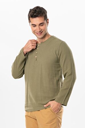 Halikarnas Uzun Kol Violet Düğme Detaylı Erkek Yazlık Tshirt Haki Hk