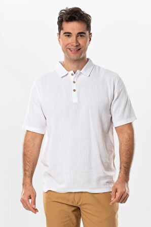 Violet Kısa Kol Foça Düğmeli Erkek Yazlık Tshirt Beyaz Byz