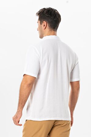 Violet Kısa Kol Foça Düğmeli Erkek Yazlık Tshirt Beyaz Byz