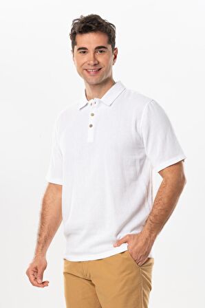 Violet Kısa Kol Foça Düğmeli Erkek Yazlık Tshirt Beyaz Byz