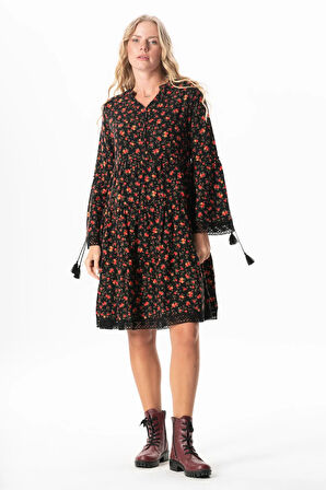 Uzun Kol Seçil Pazen Sonbahar ve Kışlık Kısa Elbise Gül Desen Siyah Syh