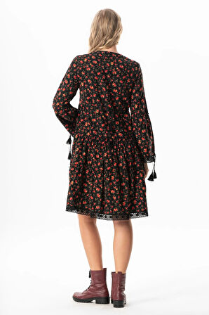 Uzun Kol Seçil Pazen Sonbahar ve Kışlık Kısa Elbise Gül Desen Siyah Syh