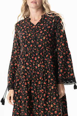 Uzun Kol Seçil Pazen Sonbahar ve Kışlık Kısa Elbise Gül Desen Siyah Syh