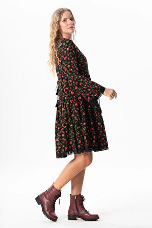 Uzun Kol Seçil Pazen Sonbahar ve Kışlık Kısa Elbise Gül Desen Siyah Syh