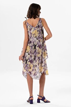Askılı Vual Afrodit Midi Boy Yazlık Elbise Batik Mor 6207