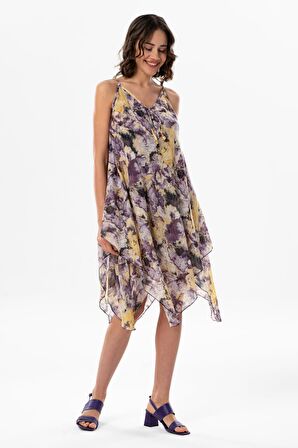 Askılı Vual Afrodit Midi Boy Yazlık Elbise Batik Mor 6207