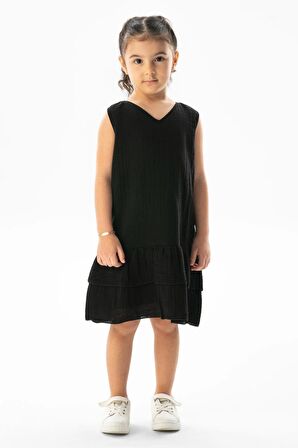 Kolsuz Aybike Yazlık Müslin Çocuk Elbise Siyah Syh