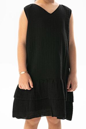 Kolsuz Aybike Yazlık Müslin Çocuk Elbise Siyah Syh