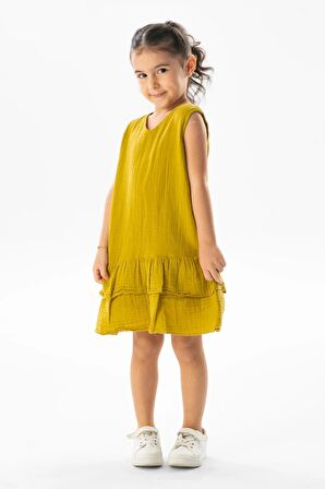 Kolsuz Aybike Yazlık Müslin Çocuk Elbise Yağ Yeşili Ygysl