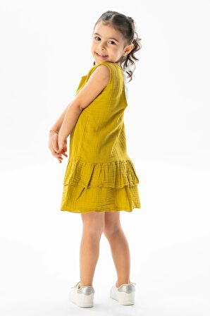 Kolsuz Aybike Yazlık Müslin Çocuk Elbise Yağ Yeşili Ygysl