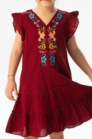 Kolsuz Şile Bezi Delfin Nakış Detaylı Yazlık Çocuk Elbise Bordo Brd