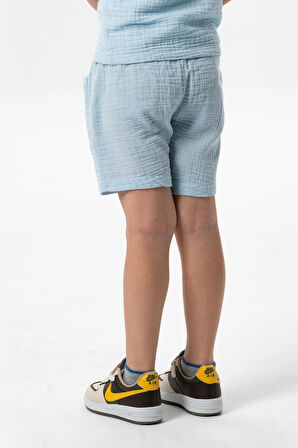 Batı Cep Detaylı Yazlık Müslin Erkek Çocuk Şort Buz Mavi Bmv