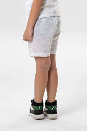 Batı Cep Detaylı Yazlık Müslin Erkek Çocuk Şort Beyaz Byz