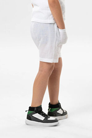 Batı Cep Detaylı Yazlık Müslin Erkek Çocuk Şort Beyaz Byz