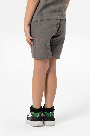 Batı Cep Detaylı Yazlık Müslin Erkek Çocuk Şort Gri Gri