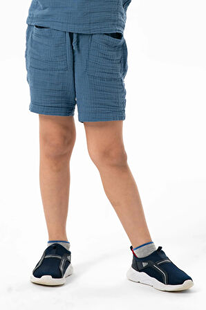 Batı Cep Detaylı Yazlık Müslin Erkek Çocuk Şort İndigo indg