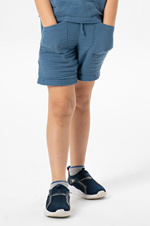 Batı Cep Detaylı Yazlık Müslin Erkek Çocuk Şort İndigo indg