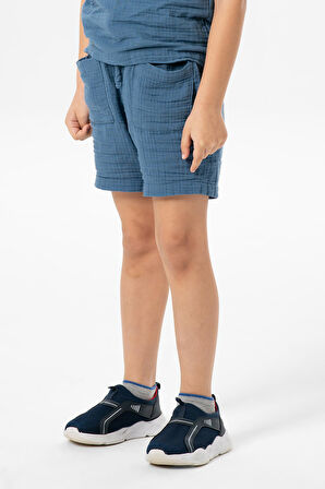 Batı Cep Detaylı Yazlık Müslin Erkek Çocuk Şort İndigo indg