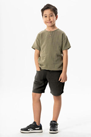 Batı Cep Detaylı Yazlık Müslin Erkek Çocuk Şort Siyah Syh