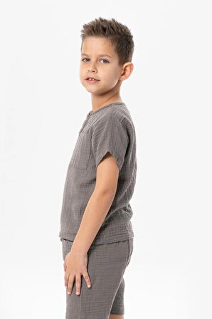 Kısa Kol Batı Cep Detaylı Yazlık Müslin Erkek Çocuk Tshirt Gri Gri